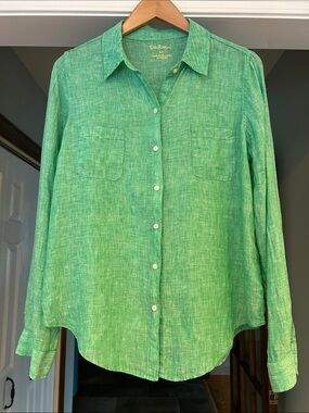 Lilly Pulitzer Long Sleeve Collared Textural Linen Button Down Top Sz M Green